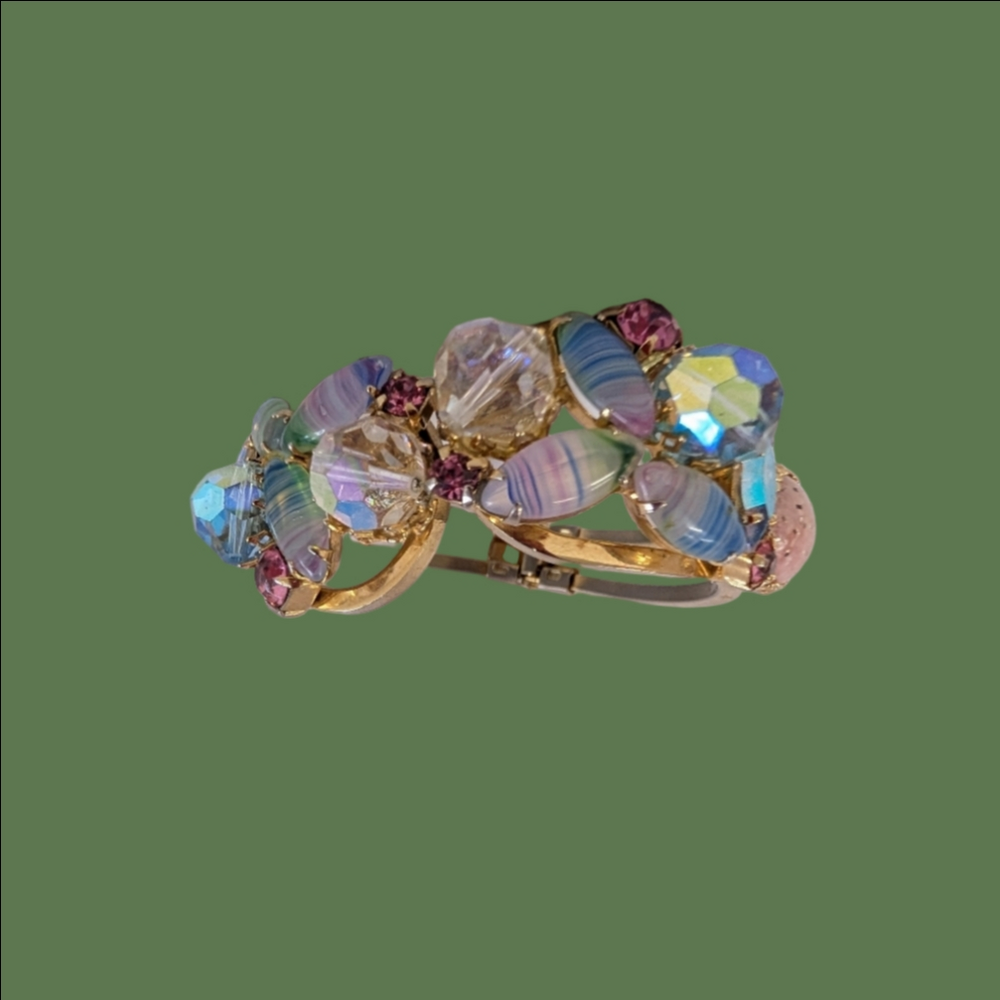 Vintage Juliana D&E Style Blue, Pink Rainbow Crystal  Gold  Clamp Bracelet